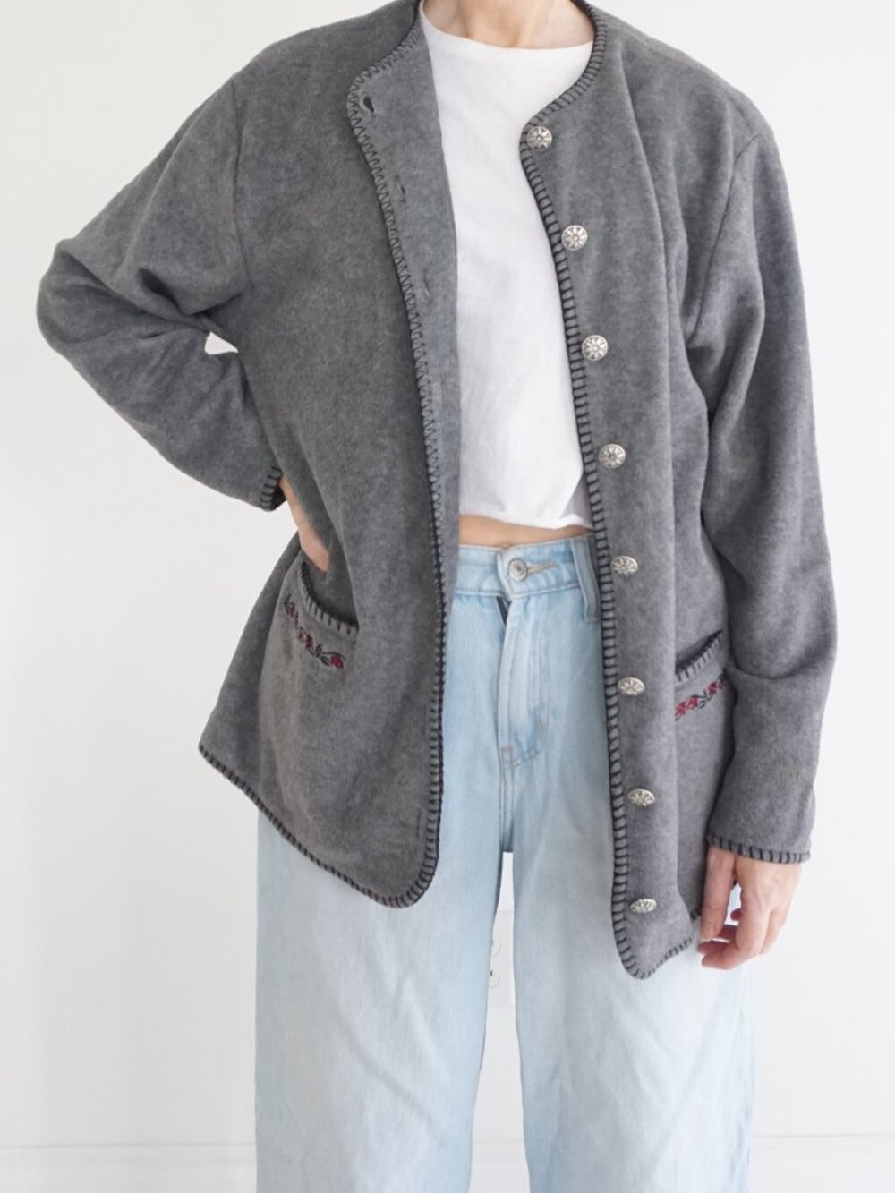 Vintage Ashley Jill Gray Blanket Western Fleece Snap Southwestern Cardigan S